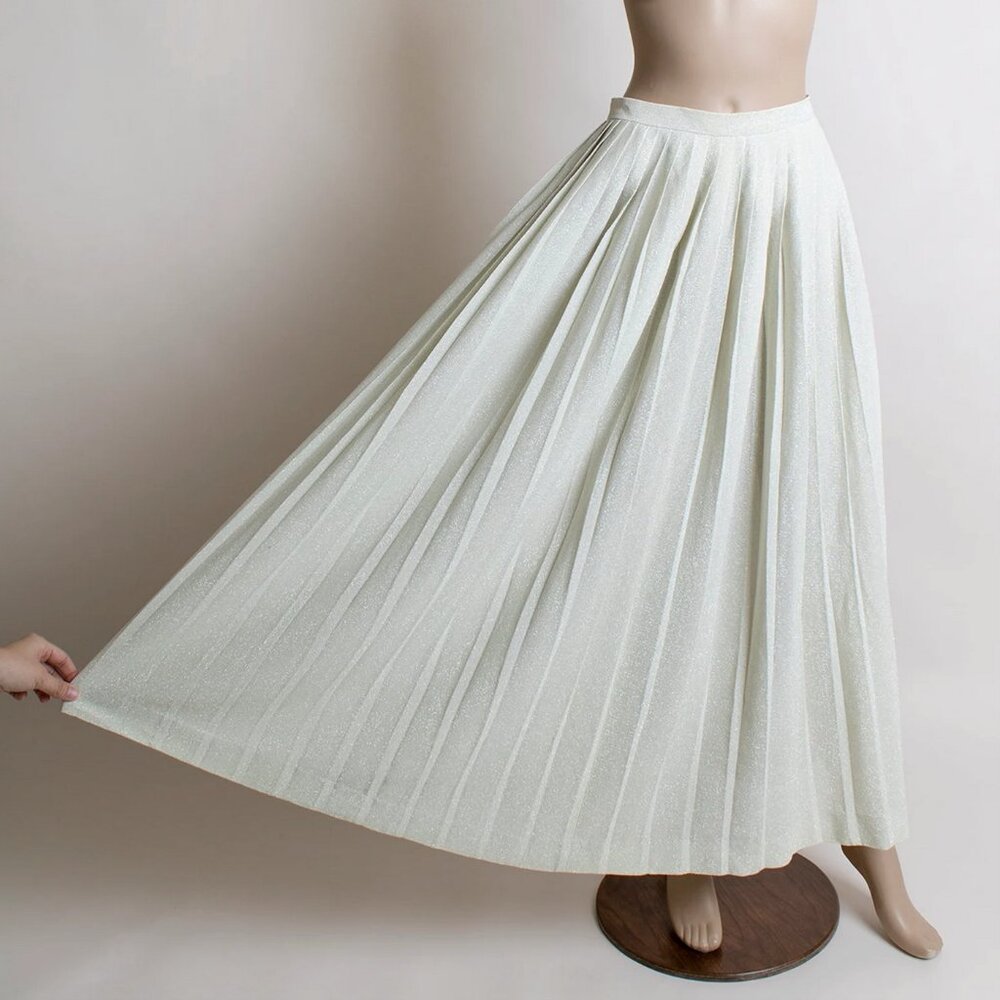 Vintage 1970s Miss Shaheen Silver Lurex Pleated Maxi Skirt Glam 70s Sparkly S